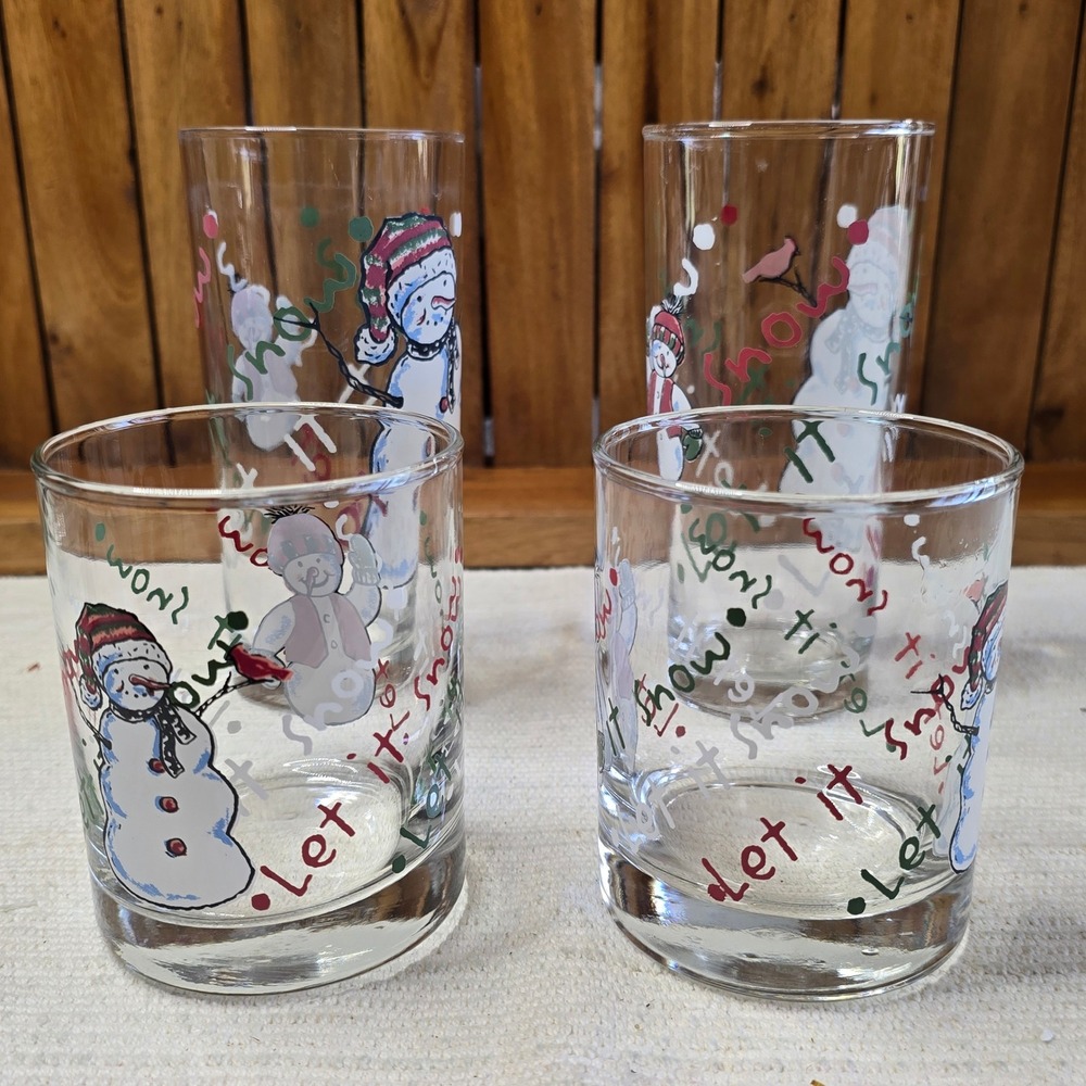 Let It Snow Snowman Glassware Set of 2 Highball and 2 Rocks Glasses Christmas
